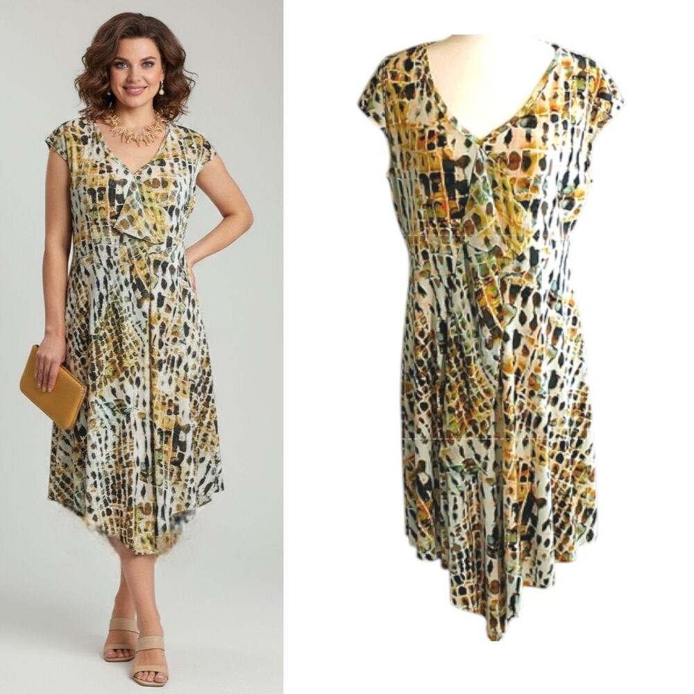 Vera Wang Ruffle Dress Women's Sz L Multicolor Raw Edge Cap Sleeve Stretch Knit